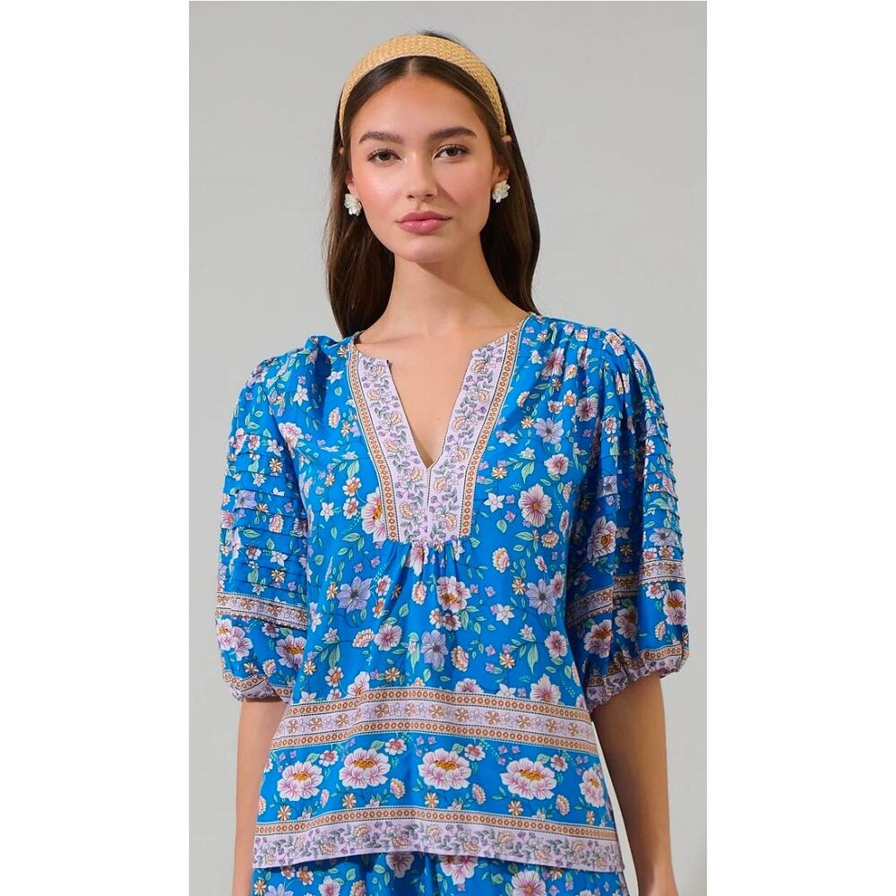 Sugarlips Womens Large Boho Top Blouse Cobalt Blue Half Sleeves Light Resort
